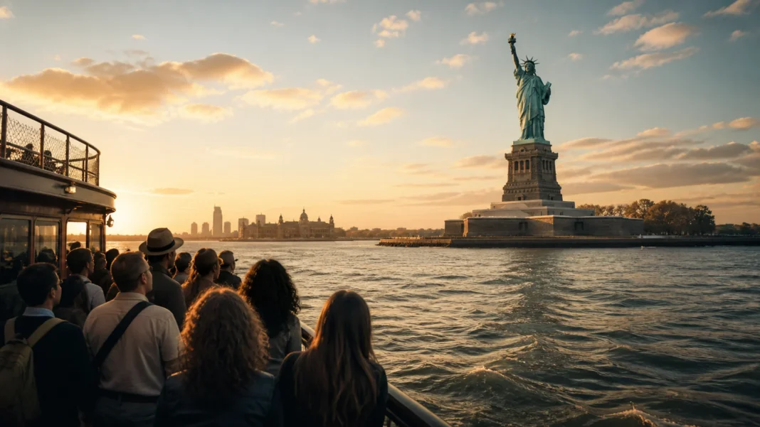 The Statue of Liberty at sunrise with New York Harbor and arriving families