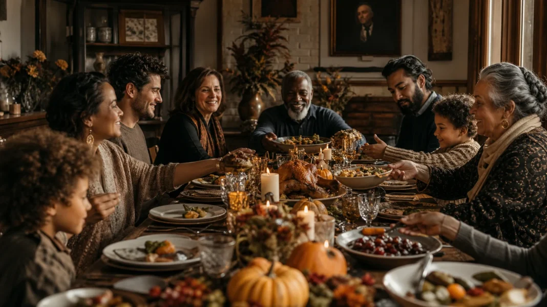 A diverse American family sharing a warm Thanksgiving meal