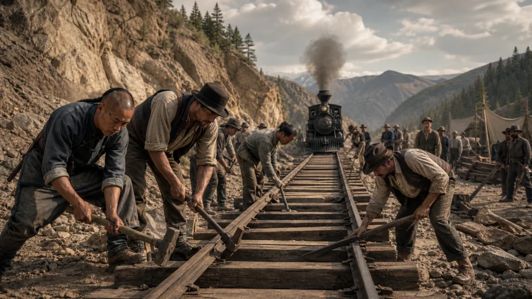 Chinese and Irish railroad workers laying track through the American West