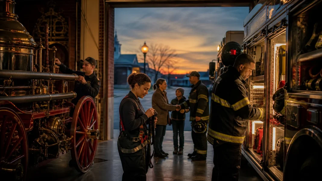 Volunteer firefighters preparing together outside a small-town American fire station