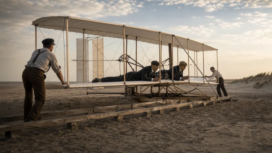 The Wright Flyer lifting over the dunes at Kitty Hawk in December 1903